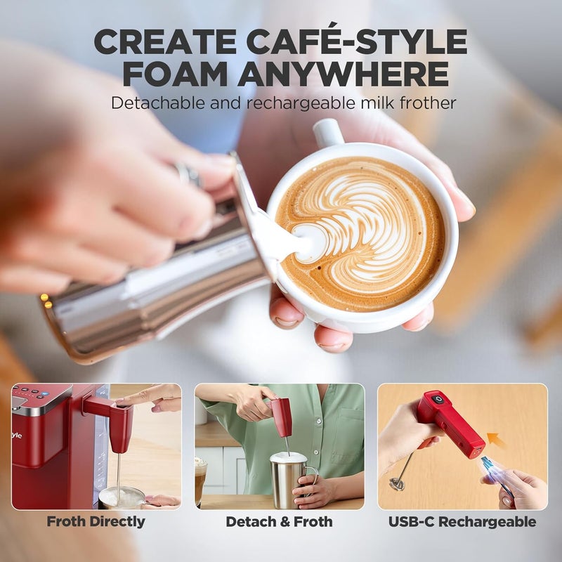 Tastyle Single Serve Coffee Maker with Built-in Detachable Milk Frother, Iced and Hot Coffee Machine for K Cup & Grounds, 40oz Removable Water Reservoir, 6 Cup Sizes, Fits 7.3" Travel Mug, Red - Image 3